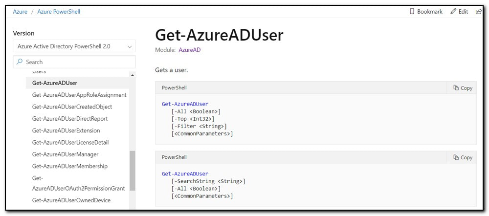 Get-AzureADUser help page