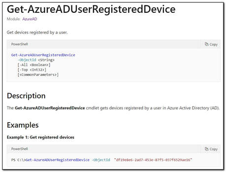MS Get-AzureADUserRegisteredDevice documentation